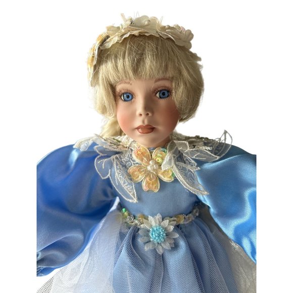 Vintage Porcelain Doll, Blue Satin Dress, 14 Inches Tall - Doll Stand Included - Picture 3 of 12